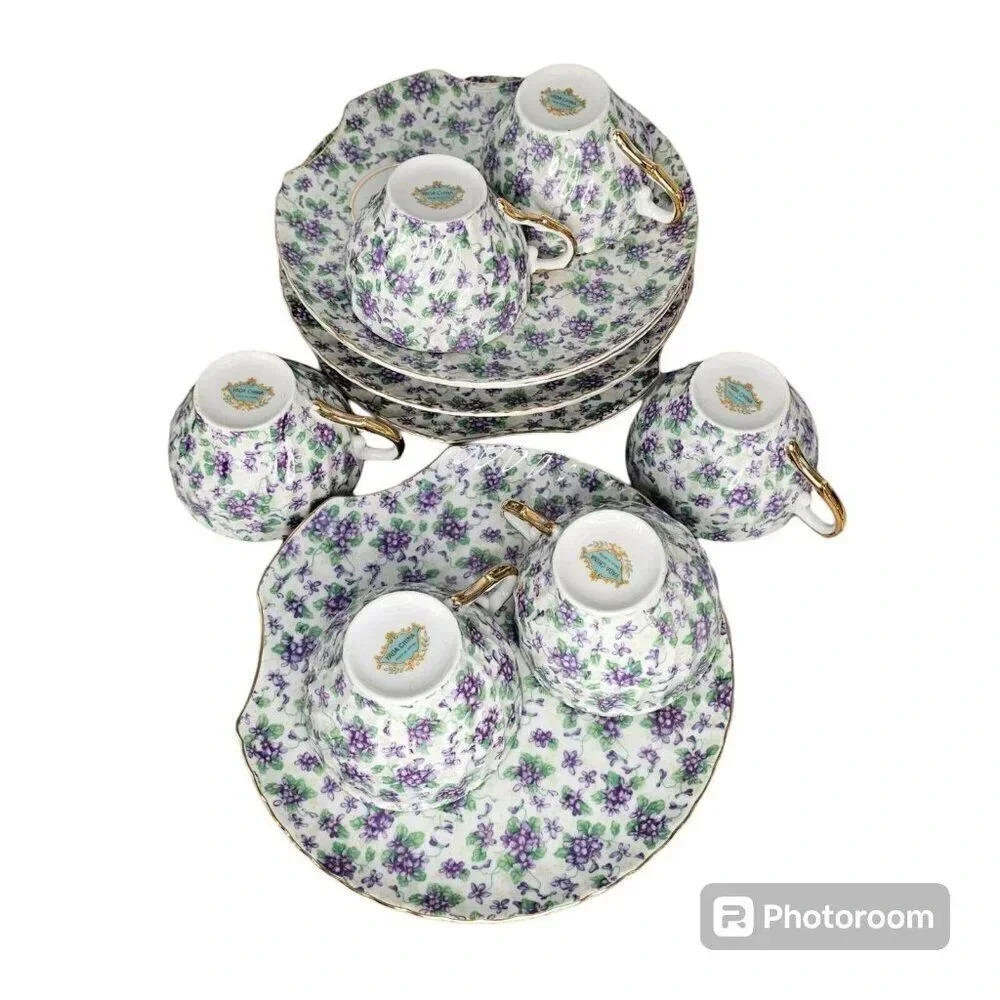 6 Tea Cups and Saucers Japan Yada Snack Plate Blue Floral China